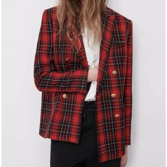 Zara Womens Double Breasted Plaid Tweed Blazer- Size XS - Picture 1 of 11